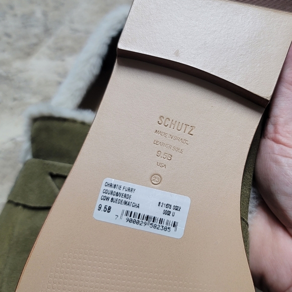 NWT Schutz Christie Furry Cow Suede Flats Green Loafer Slip On Shoe 9.5 - Picture 4 of 5